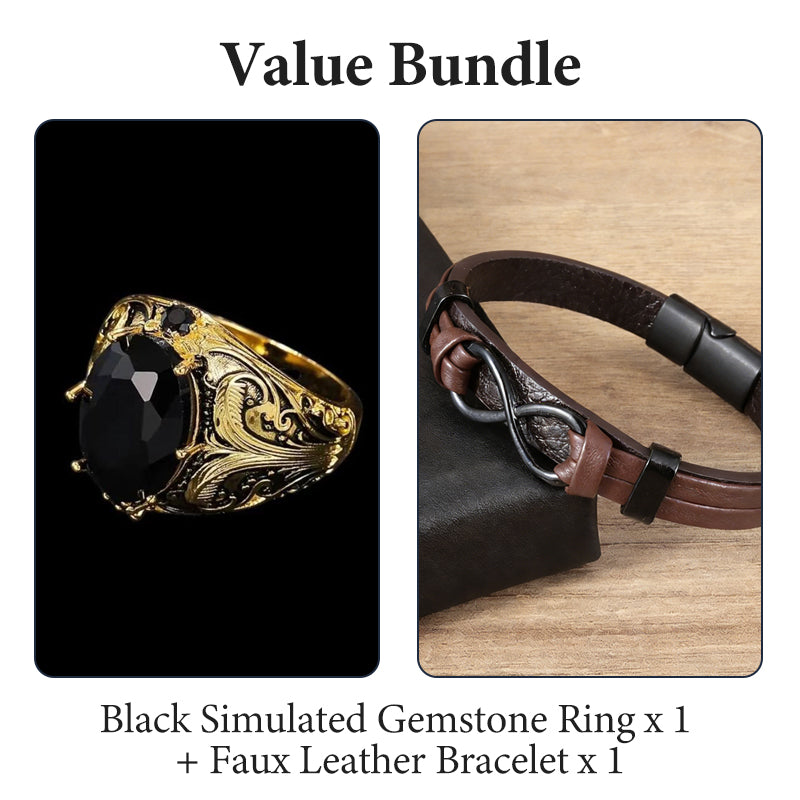 Vintage-gravierter schwarzer Ring mit simuliertem Edelstein