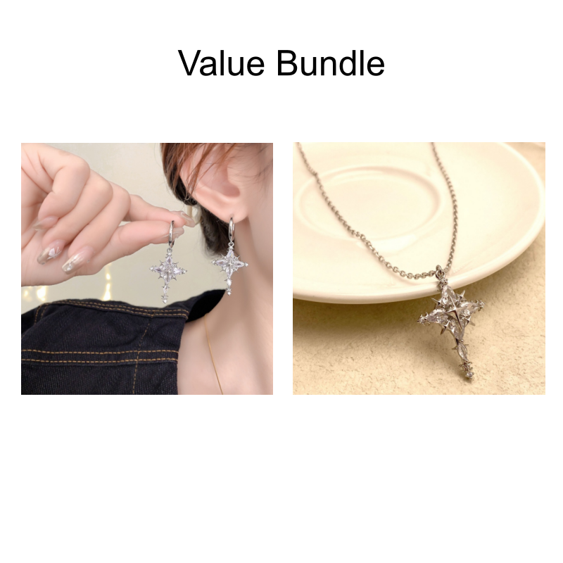 Funkelnde Kreuz-Anhänger-Ohrringe & Halskette