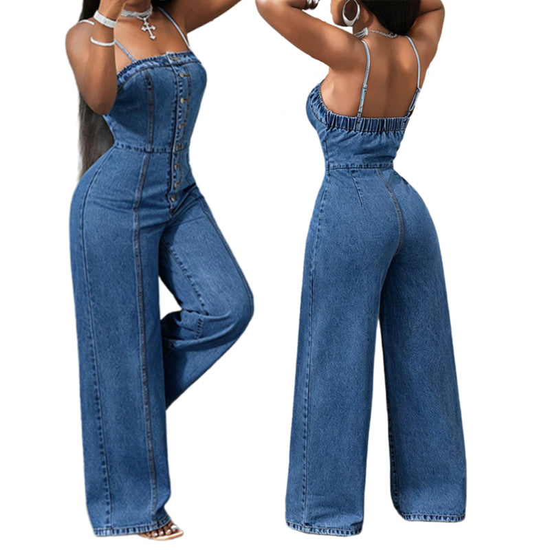 đ 50% RABATT! ⨠DamenâJeansoverall mit Spaghettiträgern und weitem Bein â Lässiger Sommerlook