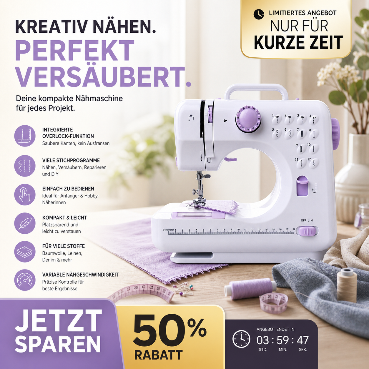 🛍️ 50 % Rabatt – Mini-Nähmaschine für Zuhause – vielseitig, robust & kompakt – mit 12 Stichen, ideal für Reparaturen & DIY-Projekte 🧵