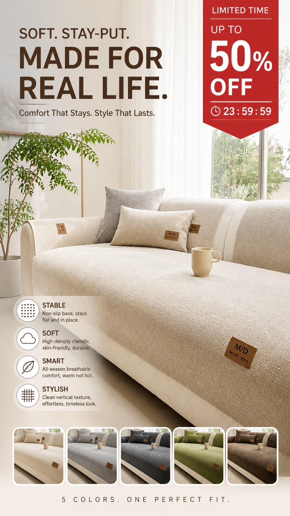 🛋️ Gepolsterte rutschfeste Sofaabdeckung – ultraweich, waschbar & kratzfest – ideal für Kinder und Haustiere 🐾