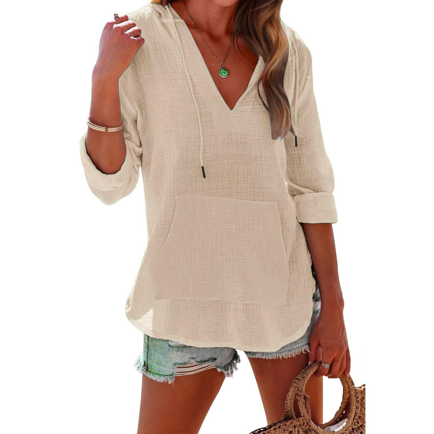 Damen Oversize-Hoodie mit V-Ausschnitt und Kängurutasche für Strand & Alltag