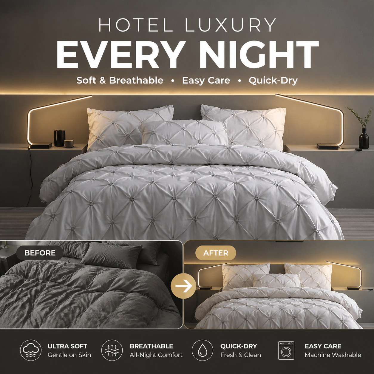 🛏️ 50% RABATT! 🌿 3-teiliges Bettwäsche-Set mit Pintuck-Falten – elegant, weich, komplett – für Ihr Traum-Schlafzimmer ✨