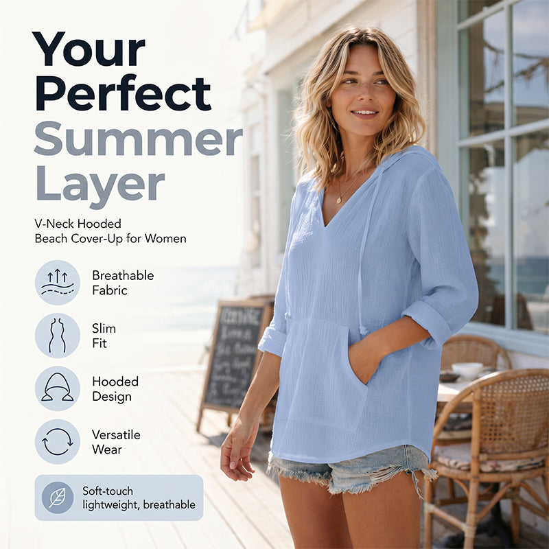 🌊 Sommer-Sale – 50 % sparen 💖 Damen-Shirt mit V-Ausschnitt, Kapuze und Tasche, Langarm