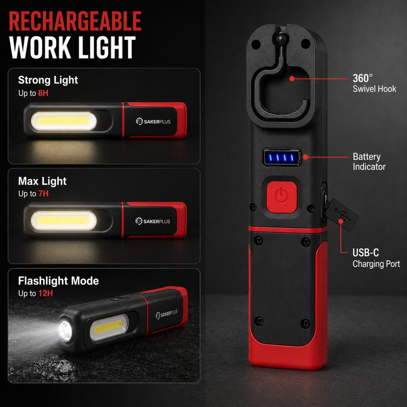 💡 50% RABATT! 🔦 SAKERPLUS Wiederaufladbare Arbeitsleuchte – 3000 lm COB-LED Magnetische Mechaniker-Lampe mit 360°-Schwenkhaken – für Autoreparatur, Garage & Camping