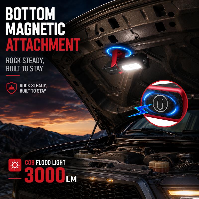 💡 50% RABATT! 🔦 SAKERPLUS Wiederaufladbare Arbeitsleuchte – 3000 lm COB-LED Magnetische Mechaniker-Lampe mit 360°-Schwenkhaken – für Autoreparatur, Garage & Camping