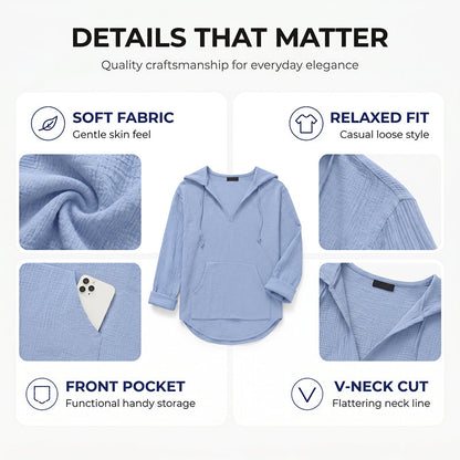 🌊 Sommer-Sale – 50 % sparen 💖 Damen-Shirt mit V-Ausschnitt, Kapuze und Tasche, Langarm