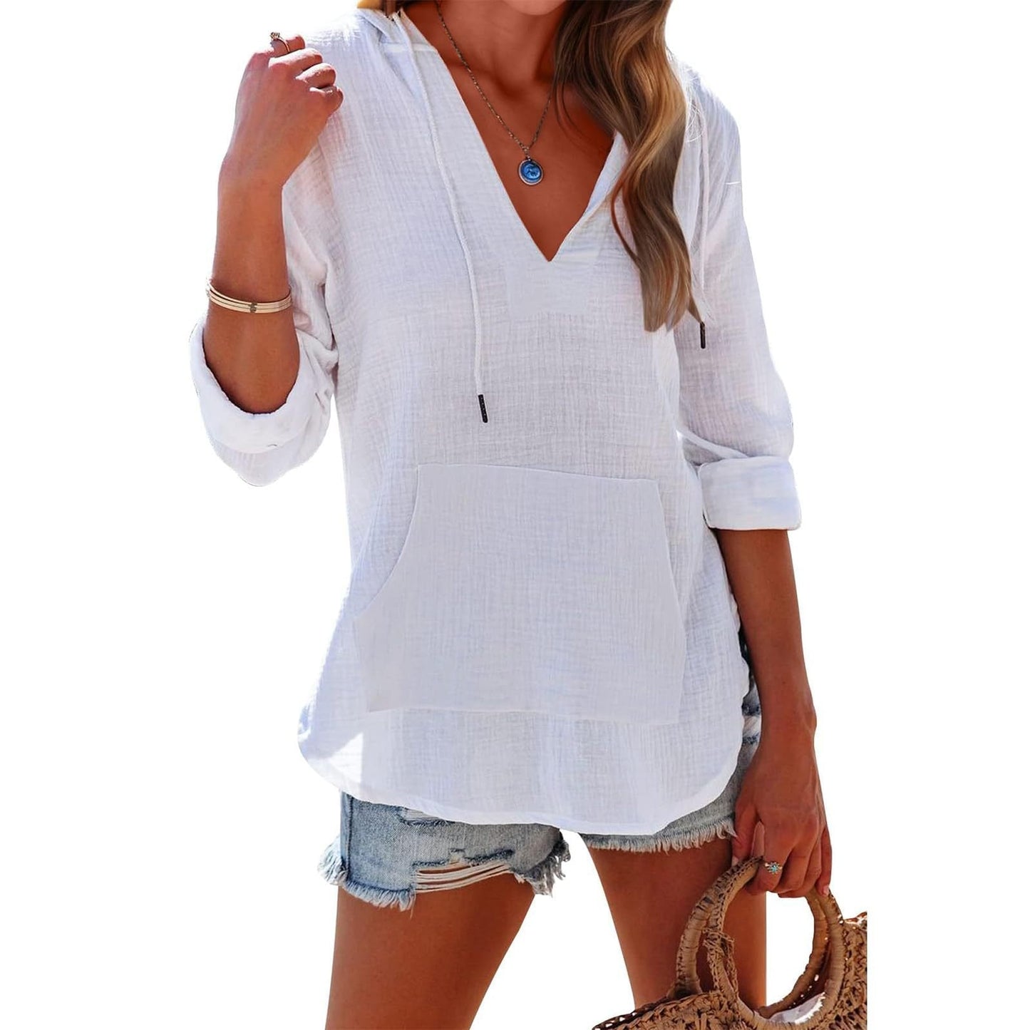 Damen Oversize-Hoodie mit V-Ausschnitt und Kängurutasche für Strand & Alltag