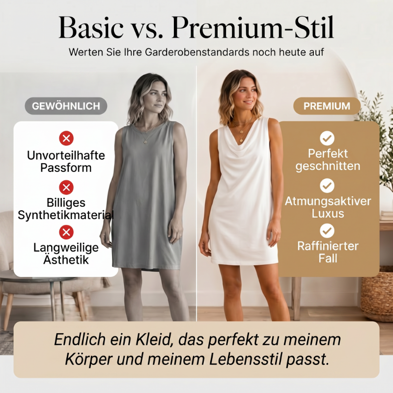 📢📢50% RABATT!! ⏰ Elegantes Slim-Fit-Kleid mit Wasserfallausschnitt – Ärmellos, Seitentaschen, Vielseitig ✨