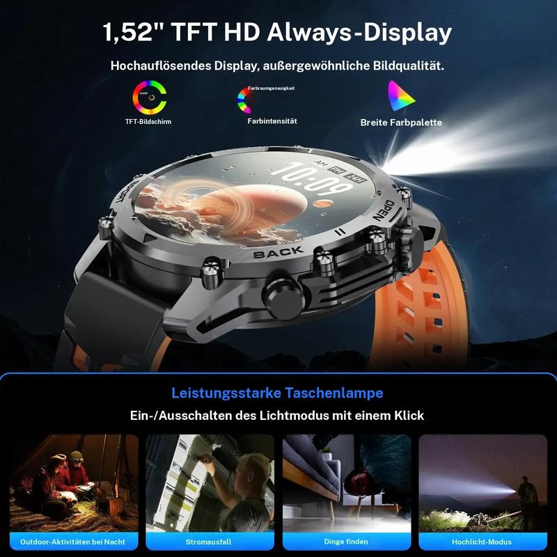 1,52'' HD-Smartwatch für Herren – Telefonieren und Musiksteuerung – Mehrere Sportmodi – Wasserdicht gemäß IP68 – Lange Akkulaufzeit – Fitnessuhr für Android und iPhone