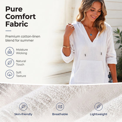🌊 Sommer-Sale – 50 % sparen 💖 Damen-Shirt mit V-Ausschnitt, Kapuze und Tasche, Langarm