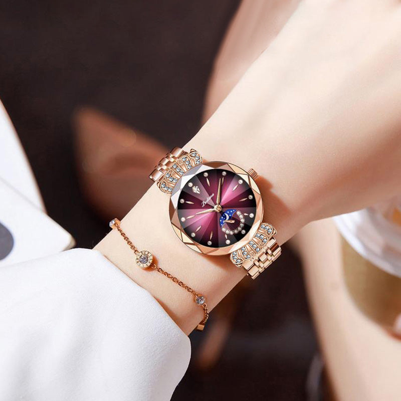 Modische Damenuhr mit synthetischem Diamant und Mond, Sternmuster