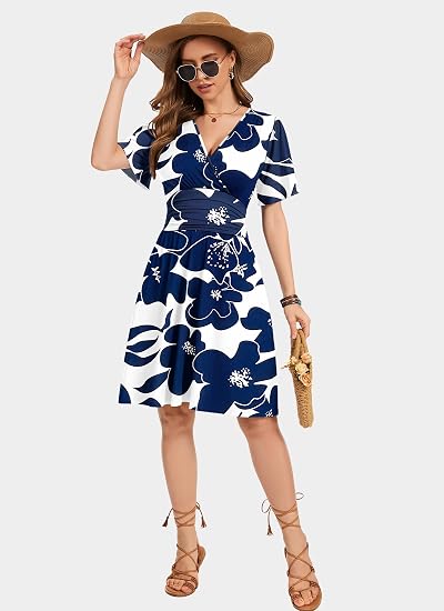 💃2026 Sommer Heißer Verkauf 49% RABATT🌈Damen Rüschenärmel Sexy Sommerkleid Blumen V-Ausschnitt Kurzes Wickelkleid mit Taschen