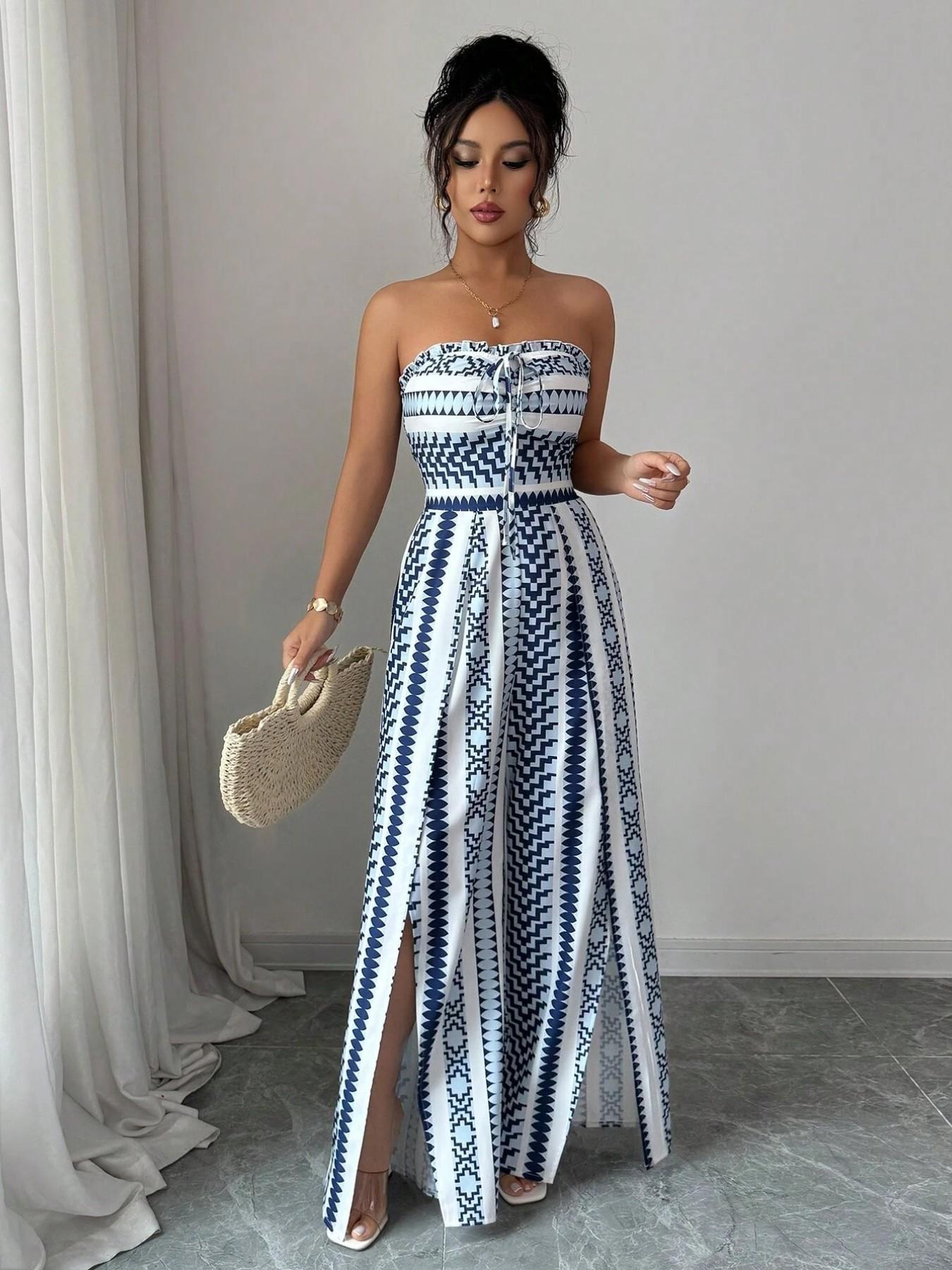 👗💙 Geometrischer Jumpsuit mit Halter-Ausschnitt & Seitenschlitz – 50% RABATT! Perfekt für Strand, Büro & Abend. 🔥✨