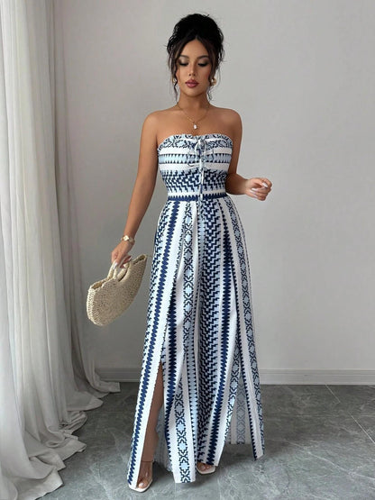 👗💙 Geometrischer Jumpsuit mit Halter-Ausschnitt & Seitenschlitz – 50% RABATT! Perfekt für Strand, Büro & Abend. 🔥✨