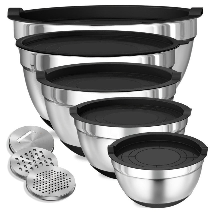 🥣 JETZT 50% RABATT! 🔪 6 Edelstahl-Schüsseln mit 3 Reibe-Aufsätzen – Verschiedene Größen, luftdichte Deckel & stapelbar ✨