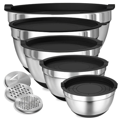 🥣 JETZT 50% RABATT! 🔪 6 Edelstahl-Schüsseln mit 3 Reibe-Aufsätzen – Verschiedene Größen, luftdichte Deckel & stapelbar ✨