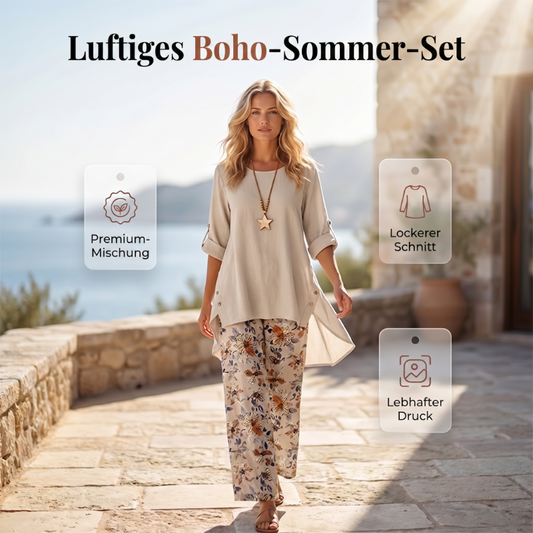 ⏳ Letzter Tag: 50 % Rabatt🔥 Damen 2-Teiler Baumwoll-Leinen Set ✨ Boho Blumenprint, locker & atmungsaktiv für Sommer & Urlaub