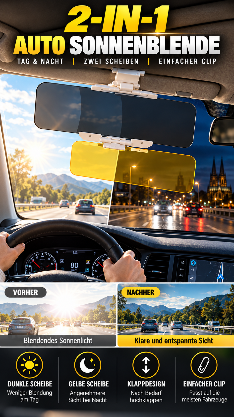 Sicherer Fahren bei Tag & Nacht 🌙 Universelle HD Blendschutz-Sonnenblende fürs Auto ✨-Gcom