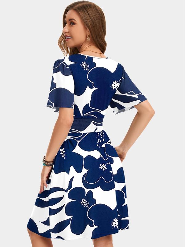 💃2026 Sommer Heißer Verkauf 49% RABATT🌈Damen Rüschenärmel Sexy Sommerkleid Blumen V-Ausschnitt Kurzes Wickelkleid mit Taschen