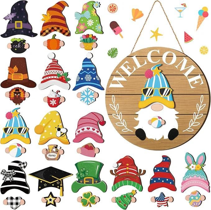 🎅Saisonangebot🎄Austauschbares hölzernes Gnom-Willkommensschild🎈