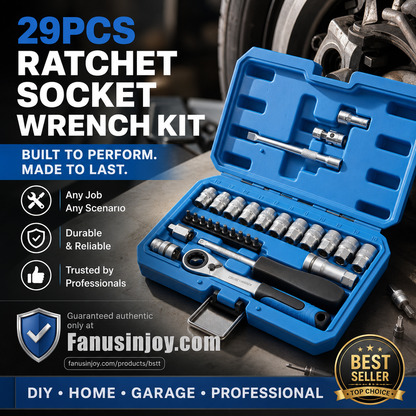 📢📢50% RABATT !!⏰29-teiliges Ratschen-Steckschlüssel-Set – Chrom-Vanadium-Stahl, 11 Stecknüsse & 10 Bits. Perfekt für Autoreparaturen & DIY 🛠️✨