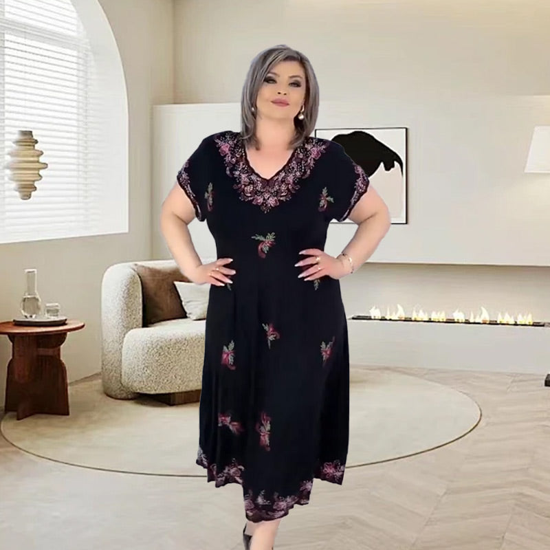 Plus Size V-Ausschnitt Fließendes Midikleid