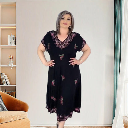 Plus Size V-Ausschnitt Fließendes Midikleid