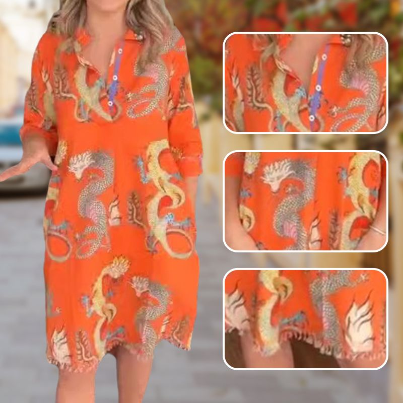 🎁Heißer Verkauf 66 % RABATT⏳Lässiges elegantes Kleid mit Drachenprint und Hemdkragen für Damen