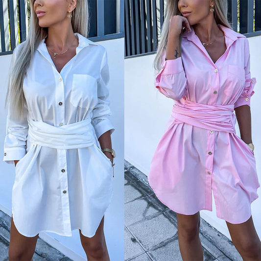 💥Saisonale Förderung super niedrigen Preis 💕Trendy einfarbiges Hemdblusenkleid mit Bindegürtel für Damen