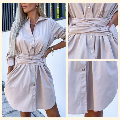 💥Saisonale Förderung super niedrigen Preis 💕Trendy einfarbiges Hemdblusenkleid mit Bindegürtel für Damen