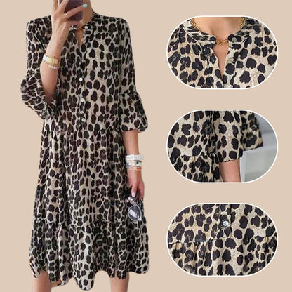 🍁Saisonale Förderung super niedrigen Preis💕Lässiges Kleid mit Leopardenmuster und Knopfleiste