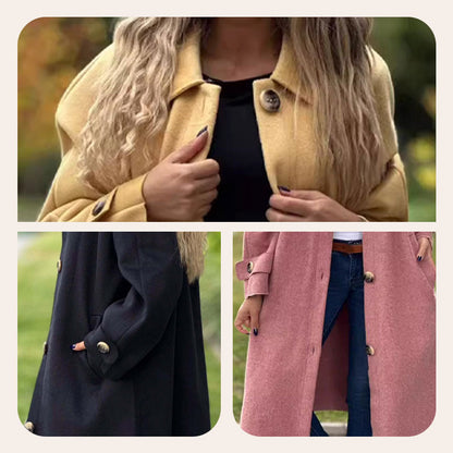 🍂 Langer einfarbiger Button-Down-Mantel für Frauen