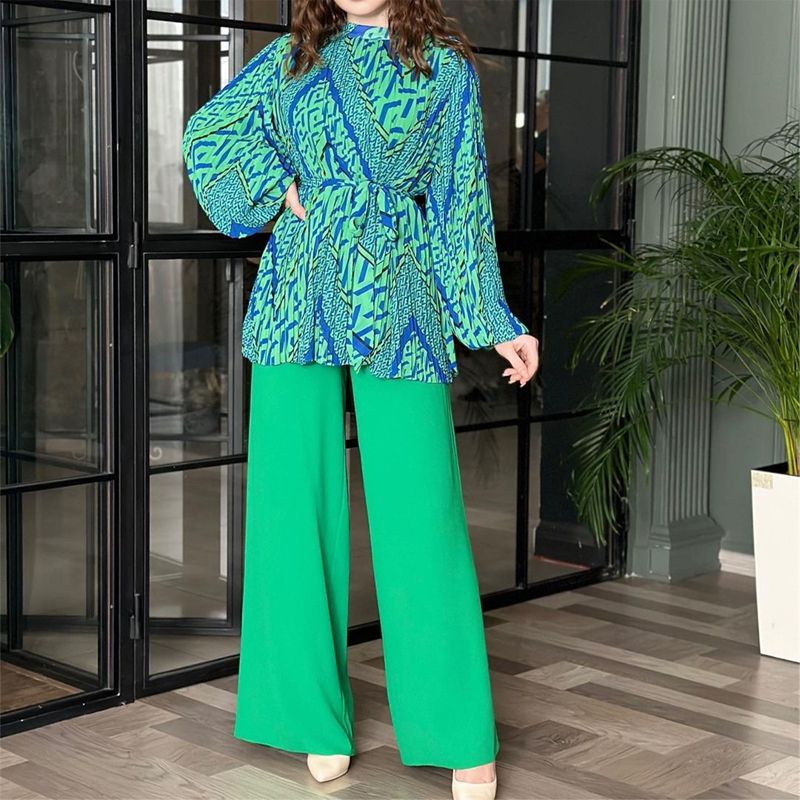 Fashionable Pleated Blouse & Wide-leg Pants 2-piece Set