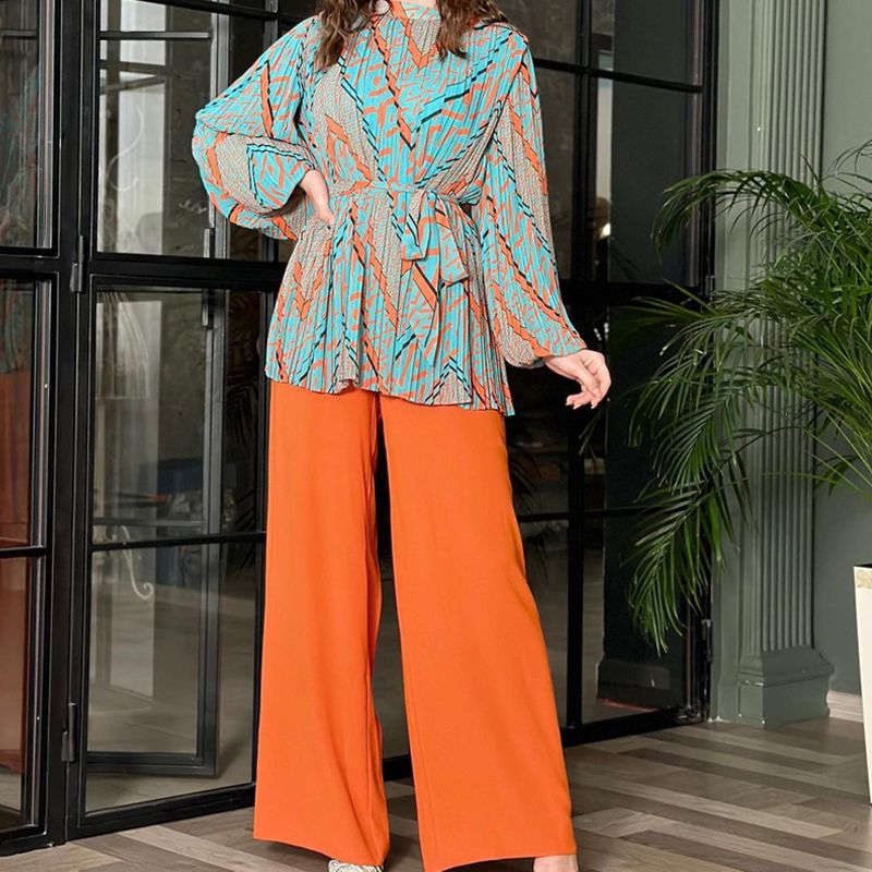 Fashionable Pleated Blouse & Wide-leg Pants 2-piece Set