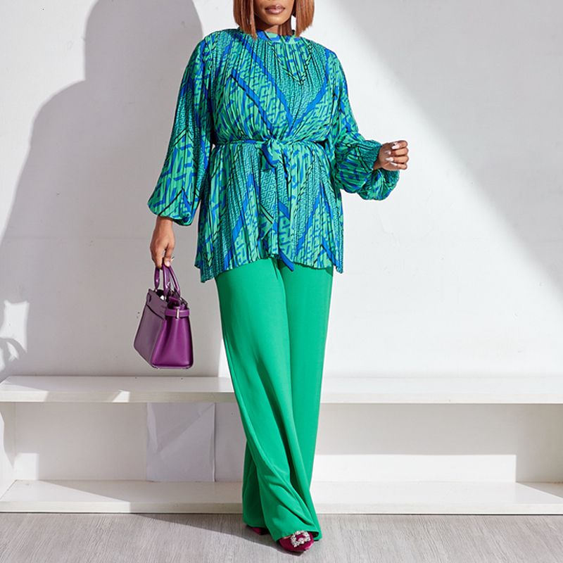 Fashionable Pleated Blouse & Wide-leg Pants 2-piece Set