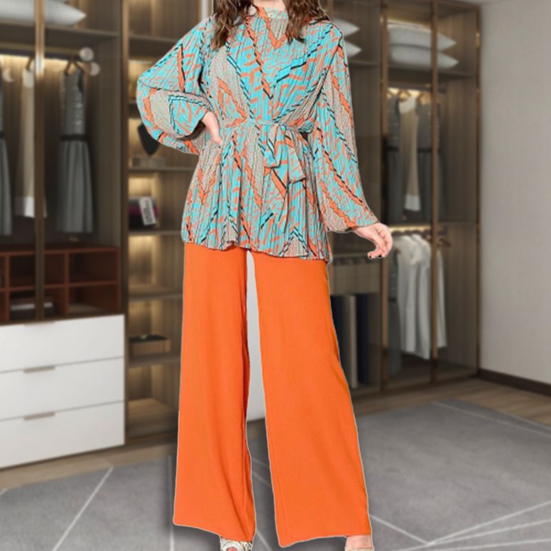 Fashionable Pleated Blouse & Wide-leg Pants 2-piece Set