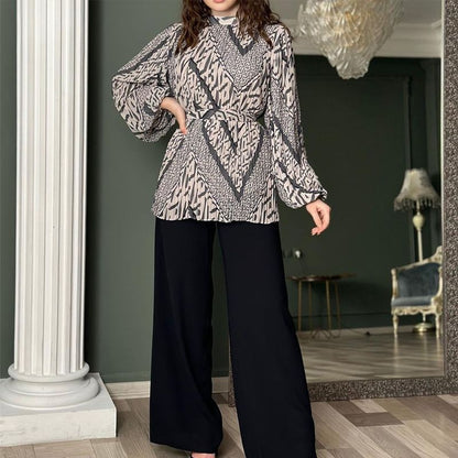 Fashionable Pleated Blouse & Wide-leg Pants 2-piece Set