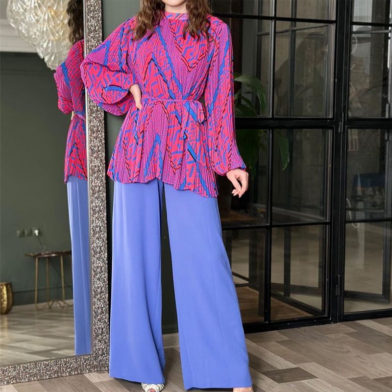 Fashionable Pleated Blouse & Wide-leg Pants 2-piece Set