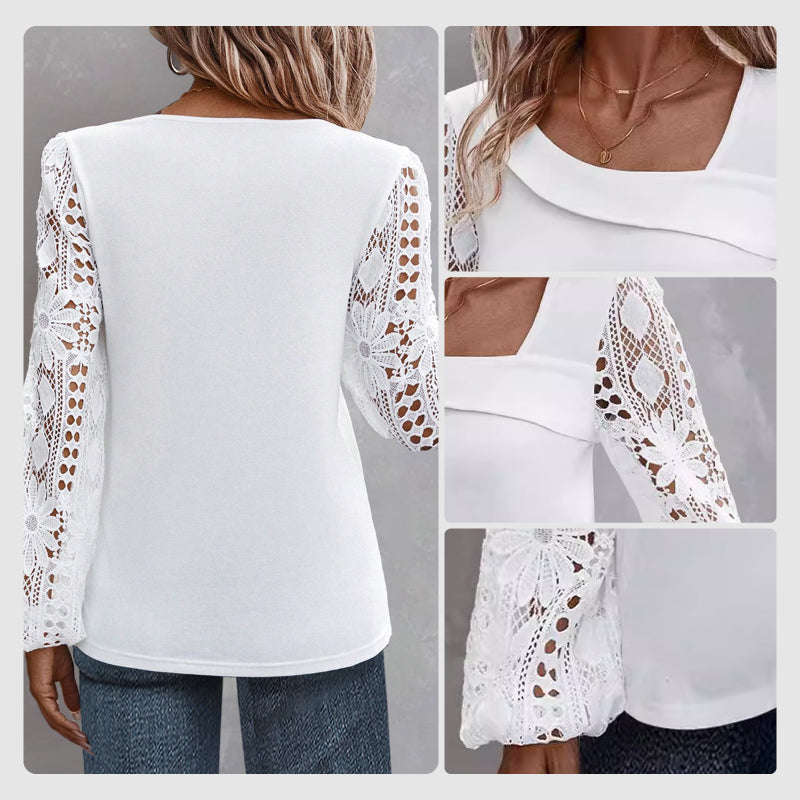 🌸Langarm-Top mit Cut-out und Patchwork-Spitze für Damen🌸