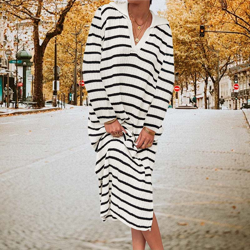 🍂Herbst-Specials🍂 Elegant V-Neck Striped Split Hem Dress