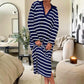 🍂Herbst-Specials🍂 Elegant V-Neck Striped Split Hem Dress