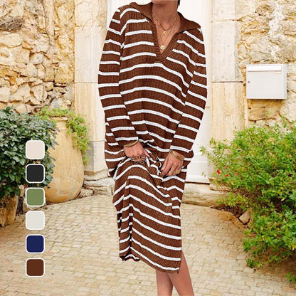 🍂Herbst-Specials🍂 Elegant V-Neck Striped Split Hem Dress