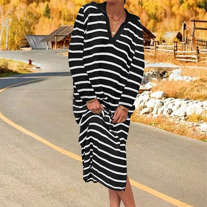 🍂Herbst-Specials🍂 Elegant V-Neck Striped Split Hem Dress