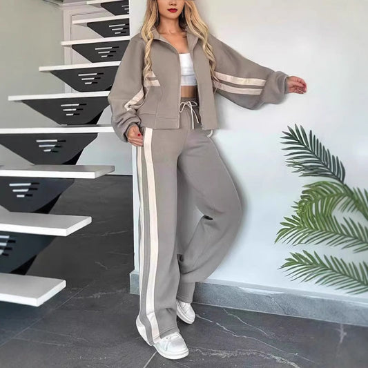 🎁Zweiteiler für Damen:✨ 2-teilige gestreifte Jacke mit Reißverschluss und lässige Hose🌸