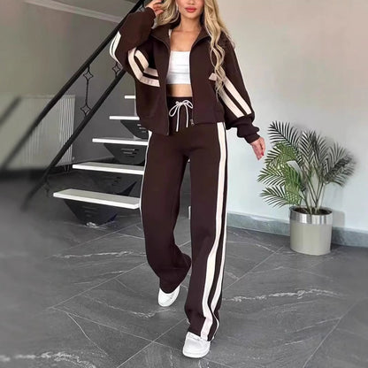 🎁Zweiteiler für Damen:✨ 2-teilige gestreifte Jacke mit Reißverschluss und lässige Hose🌸