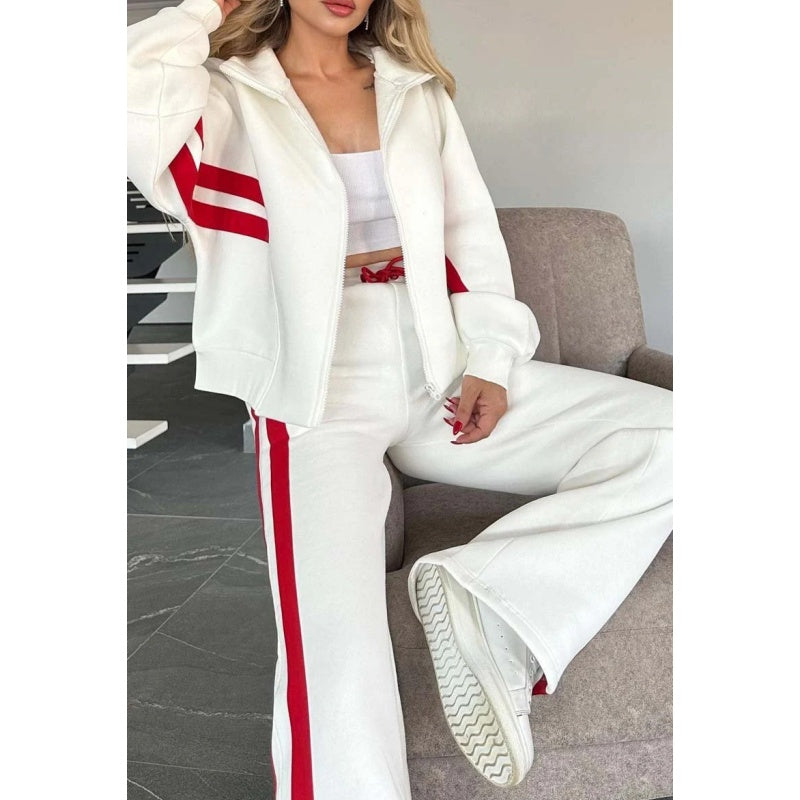 🎁Zweiteiler für Damen:✨ 2-teilige gestreifte Jacke mit Reißverschluss und lässige Hose🌸