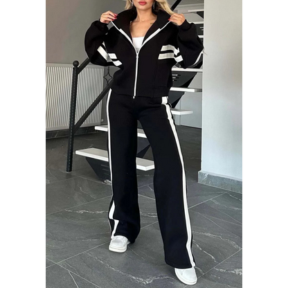 🎁Zweiteiler für Damen:✨ 2-teilige gestreifte Jacke mit Reißverschluss und lässige Hose🌸