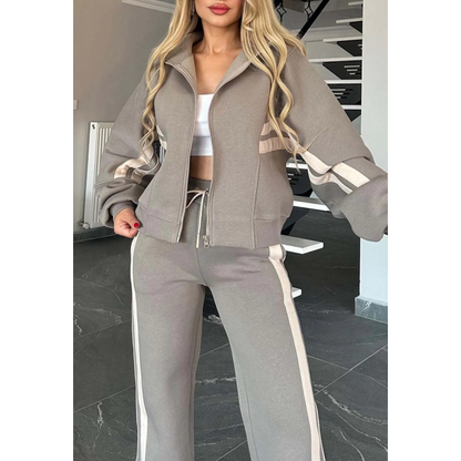 🎁Zweiteiler für Damen:✨ 2-teilige gestreifte Jacke mit Reißverschluss und lässige Hose🌸