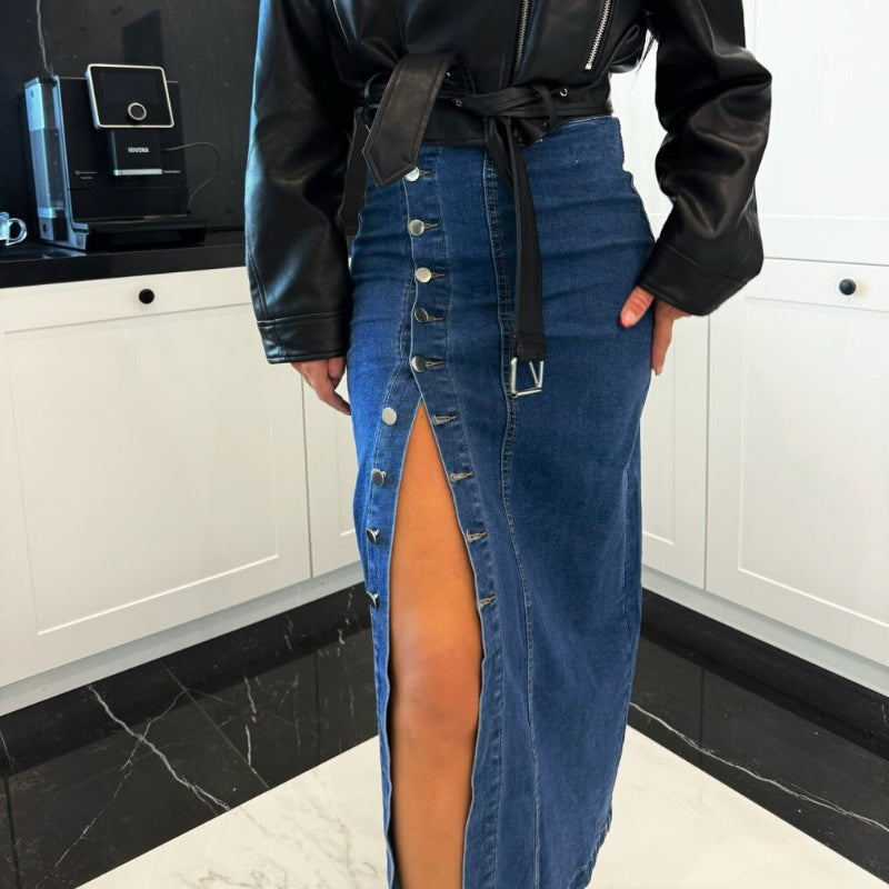 💕Nur für kurze Zeit 50 % Rabatt💕 Stilvoller, figurbetonter Jeansrock mit Knopfverschluss und Schlitz